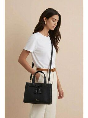 Kate Spade New York Black Pebbled Leather Tote Crossbody Bag Tassel Bow Gold Har